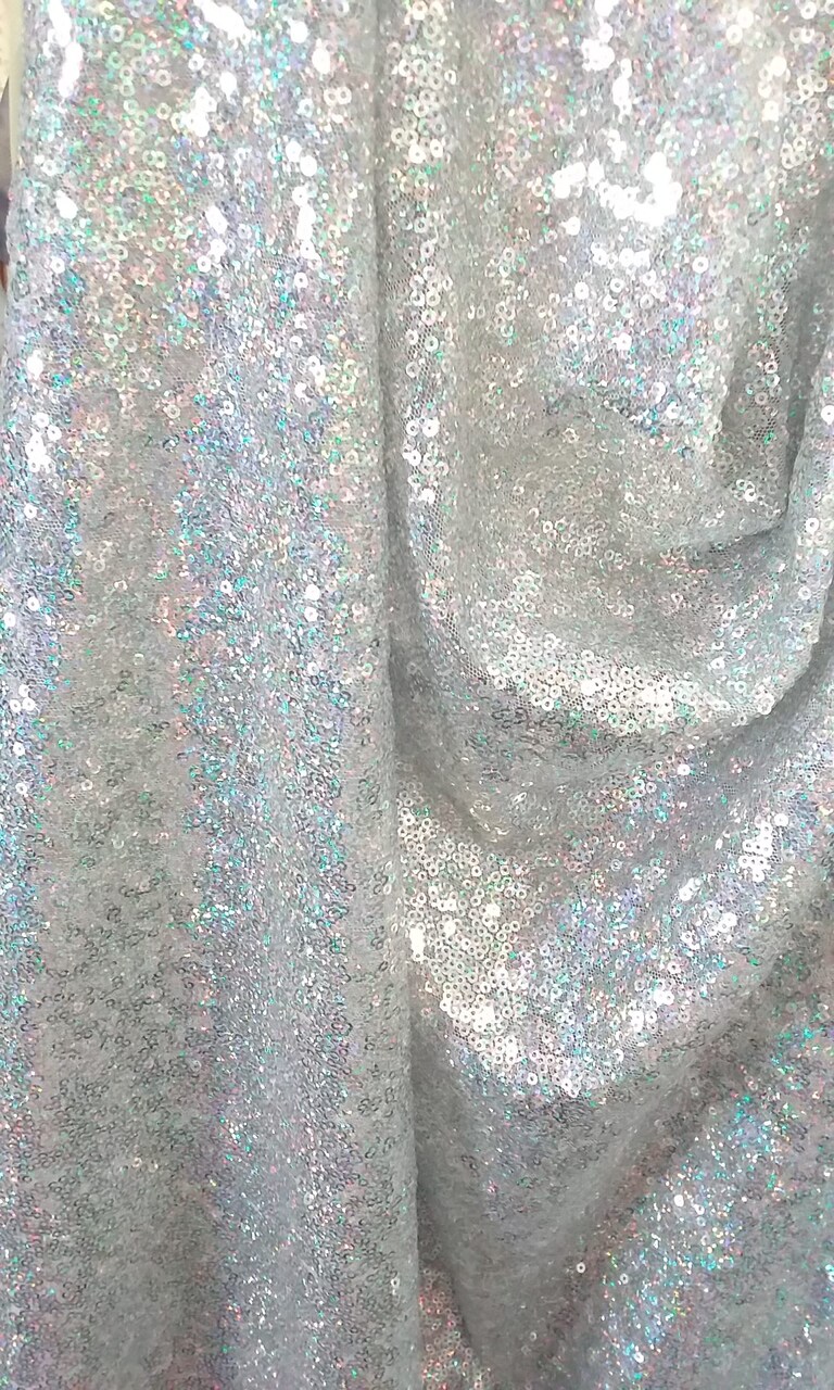 1 Yard Hologram Silver Glitz Sequin Fabric Polyester Shimmer Material 52/54 Inch Wide
